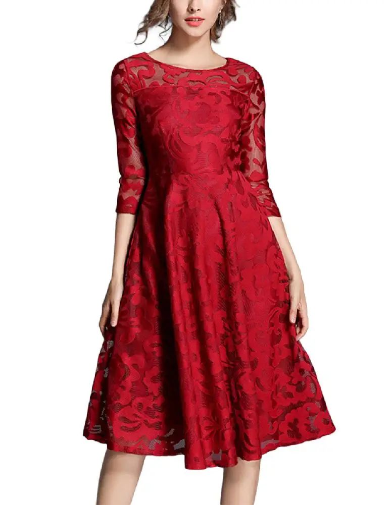 

Yfashion Women Fashionable Slim Design Round Collar Lace Dress Big Hem Three Quarter Sleeve Dress