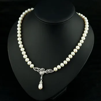 

Genuine Pearl Swan Necklace New Gorgeous Full Rhinestones Pendant Knotted Necklace 9-10mm White Pearl Women Jewelry Bridal Gifts
