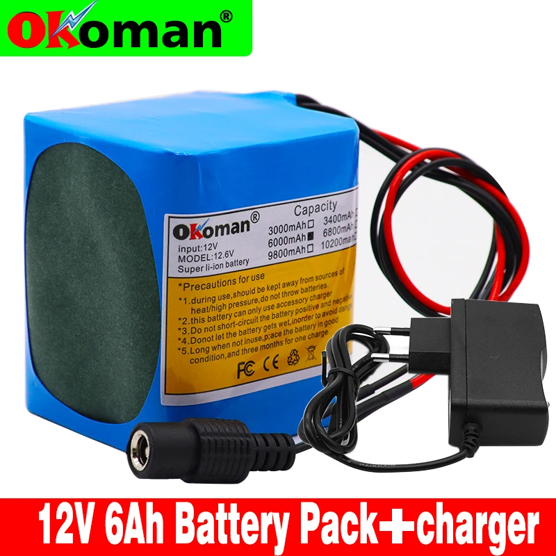 Okoman Высококачественный аккумулятор 12V 6000mAh 18650 литий ионный 6Ah DC12.6V портативный +