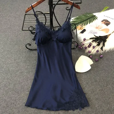 

Herislim Women's Sexy Lingerie Silk Nightgown Summer Dress Lace Night Dress Sleepwear Babydoll Nightie Satin Homewear Chest Pads