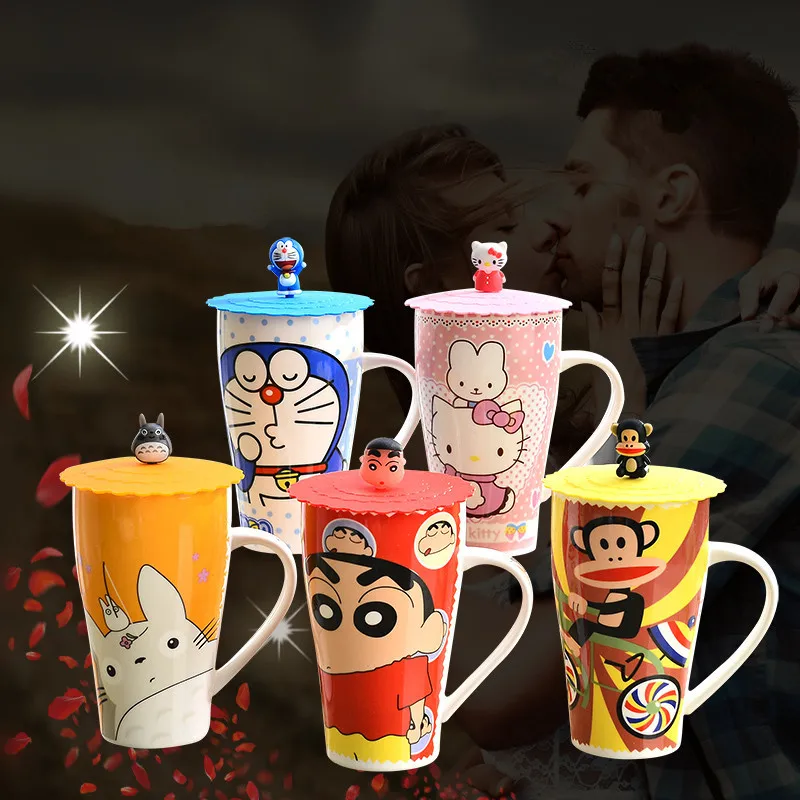 

1Pcs 15x9cm 500ml New Creative Cartoon cute cat totoro monkey crayon coffee mugs ceramic Water cup couples cup with lid spoon