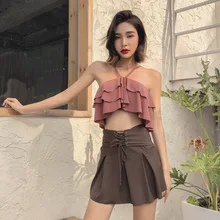 Танкини банные костюмы купальники для женщин пуш-ап винтажные Купальники Женщины лист окантованные Девушки Высокая талия сплит