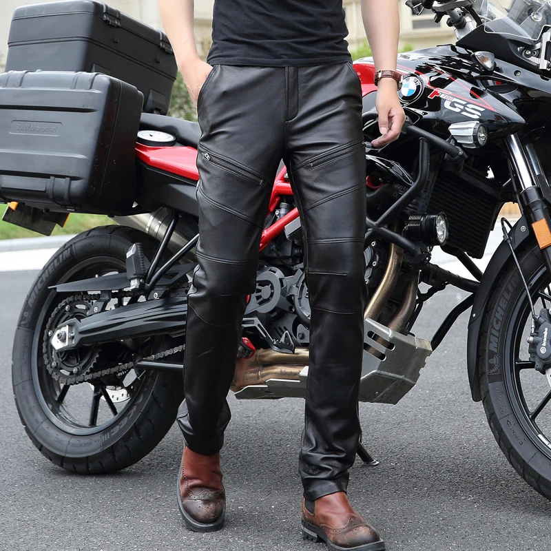 new zipper motorcycle leather pants men genuine leather thickening plus