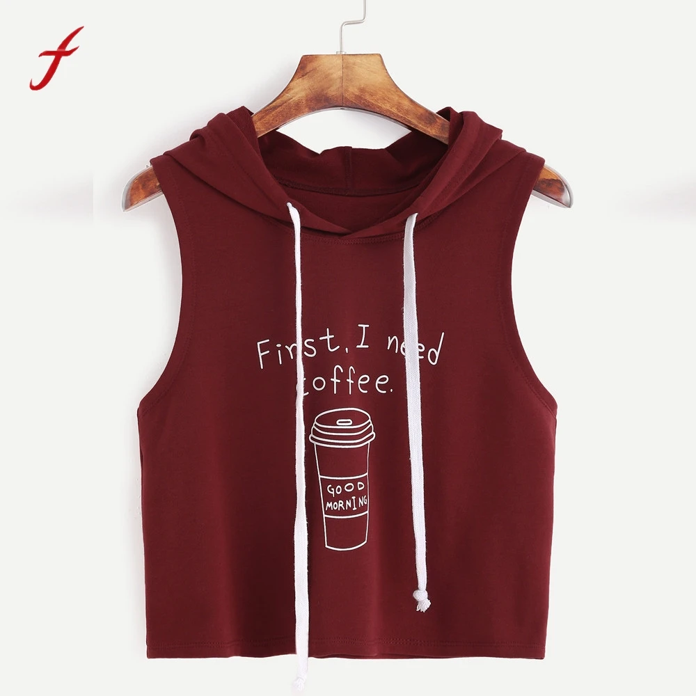 

Feitong Fashion Women Sexy Crop Tops 2017 Fashion Letter Girls Coffee Print Hooded Sleeveless Kawaii Tee Shirt vetement femme