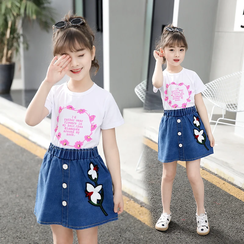 

2019 Summer Casual Jean skirt Sets Shirt+ Jean skirt 2pcs set Clothing Kids flower print For 5 6 10 Years girls clothes Dx03227