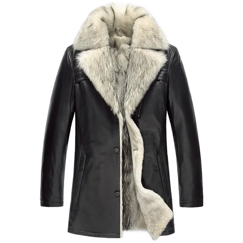 Mens Fur Coat Luxury Wolf Fur Liner Lambskin Coat 100% Genuine Leather ...