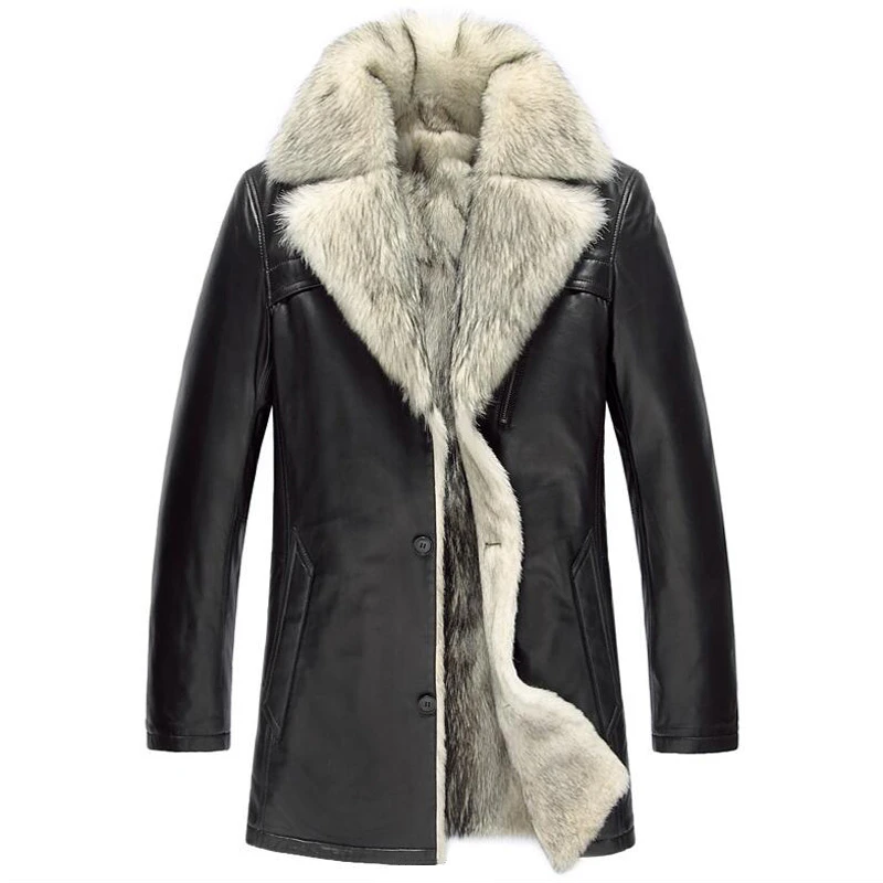 Mens Shearling Jacket Luxury Wolf Fur Liner Lambskin Coat 100% Genuine ...