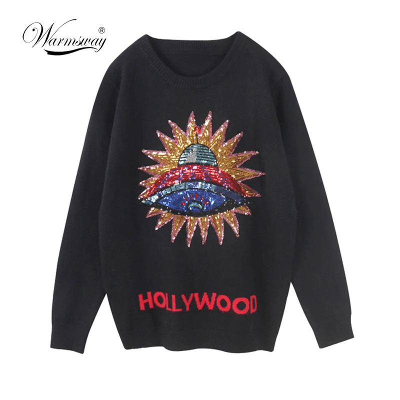 Women New vintage 3D UFO Sequins warm sweaters long sleeve o neck pullovers winter autumn knitted retro tops blusas C-038 | Женская