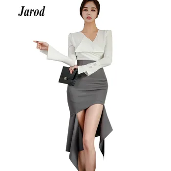 

Women's fashion office OL 2 Pieces Suits 2019 Spring Sexy V-Neck White Shirt Top+ High Waist Mermaid Bodycon Skirt Set