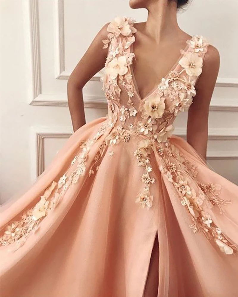 Светильник Лори оранжевый длинное формальное вечернее платье V образным вырезом Robe De Soiree боковое платье с разрезом для выпускного вечера погружающиеся 3D Цветы вечерние платья