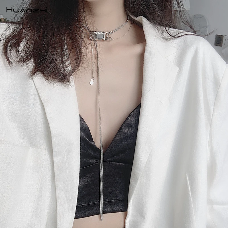 

HUANZHI Korean New 2019 Long Section Ball Splice Button Double Layer Silver Metal Chain Retro Necklace for Women Girls Jewelry