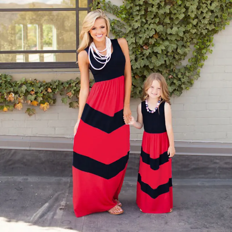 Summer Style Family Matching Outfits Mother Daughter Dresses Contrast Color Blue A Line Dress Ankle Length
