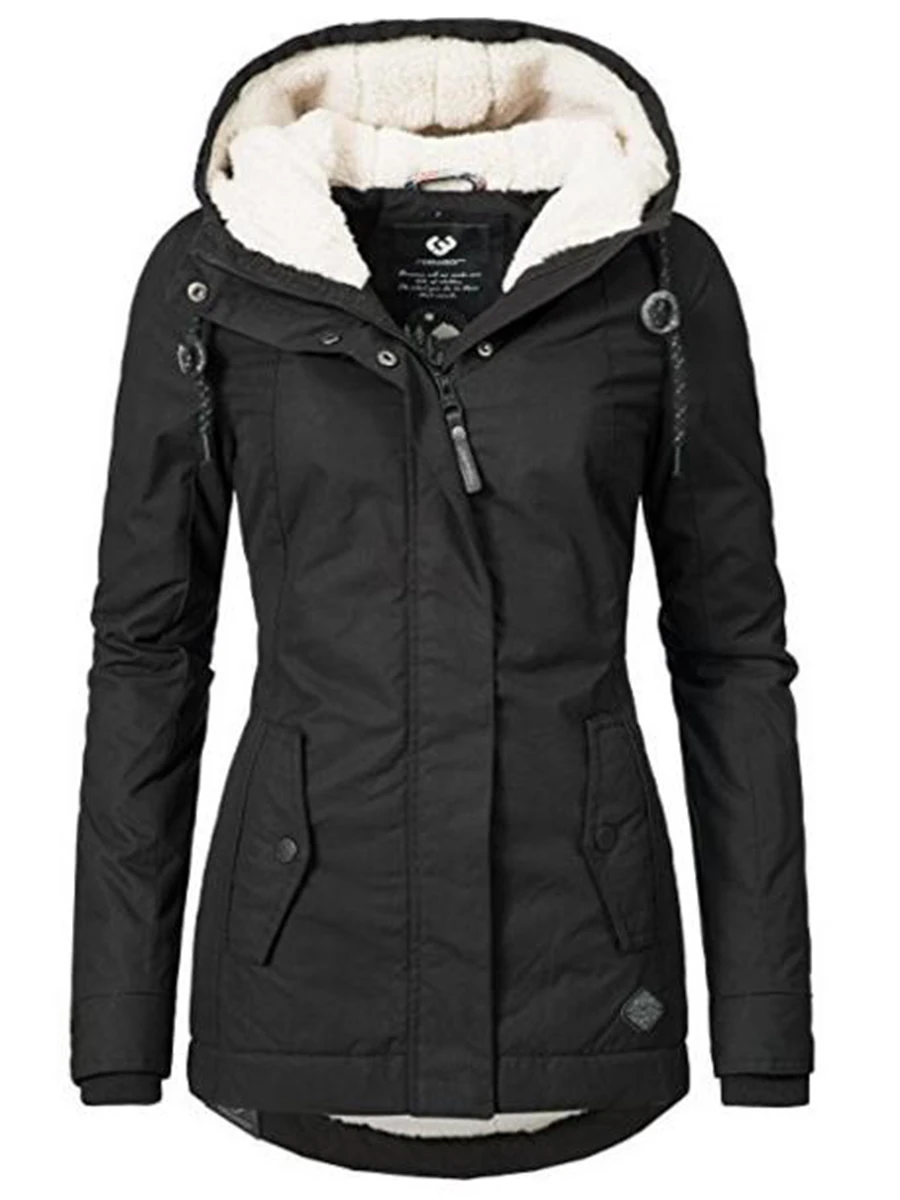 Women Jackets Casual Winter Warm Simple Black Gothic Slim Hooded Zipper Pocket Solid Coats OL Ladies Female Fashion Overcoats