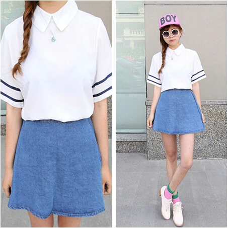 blue and white striped denim skirt