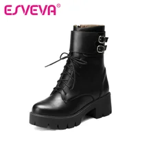 ESVEVA 2016 College Style Lace Up Herbst Schuhe Frauen Mode Stiefel platz High Heel Weichem PU Dame Punk Stiefeletten Größe 34-43