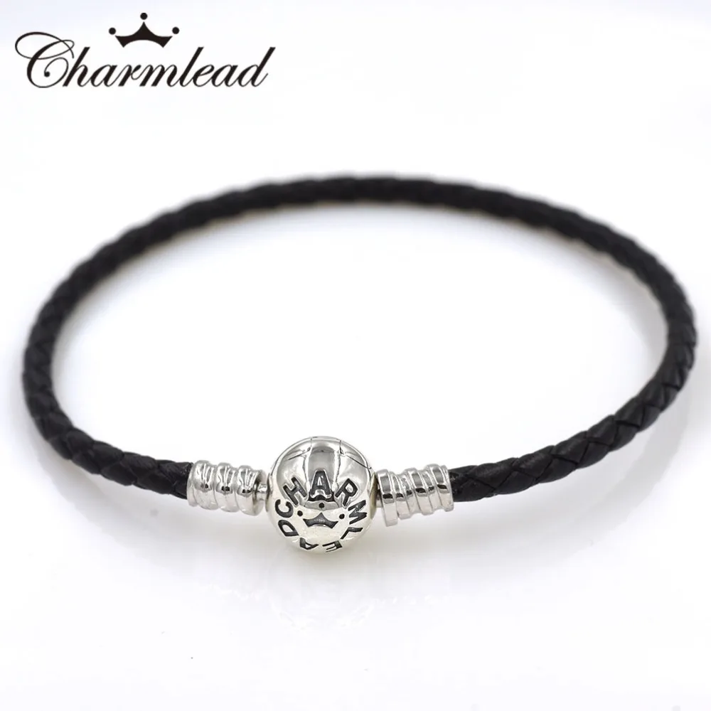 

Charmlead Weave Black Real Leather Bracelet 925 Sterling Silver Lock Clasp Beads Fits Original Charms Bracelet Fashion Jewelry