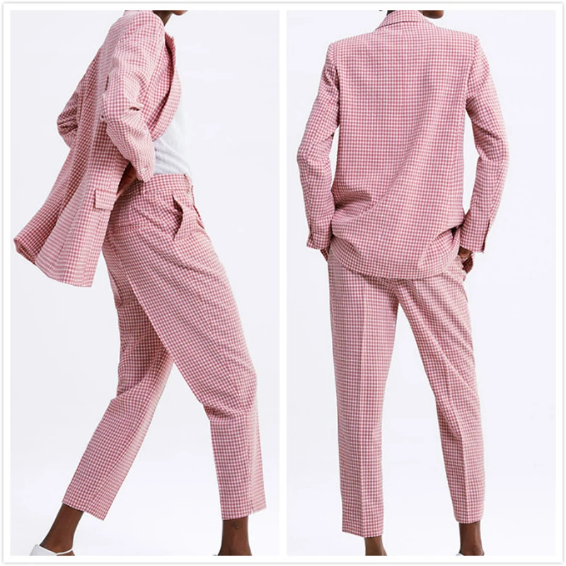 2019 Pink Plaid 2 Piece Set Women Single Button Office Blazer Jacket + Pants Women's Suits Spring Long Sleeve Women's Pant Suits 2019 Pink Plaid 2 Piece Set Women Single Button Office Blazer Jacket + Pants Women's Suits Spring Long Sleeve Women's Pant Suits