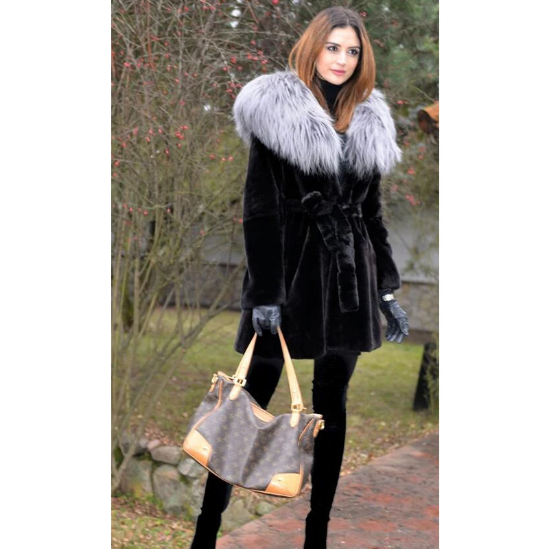 Slim Winter Tops Real Fur From Nature Rex Rabbit Fur Coat Overcoats With Silver Fox Hood Oversized Red Fox Jacket For Women 2018