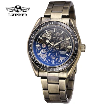 

T-Winner Mechanical Automatic Watch Men Self Wind Watches Man Stainless Steel Skeleton Wristwatch Clock Mechanism Montre Homme