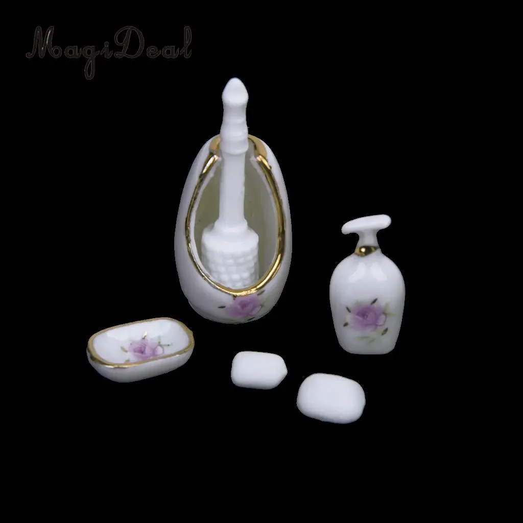 MagiDeal Porcelain 8Pcs/Set Dollhouse Bathroom Accessory Floral Ceramic Children Toys Decoration Pastel Rose