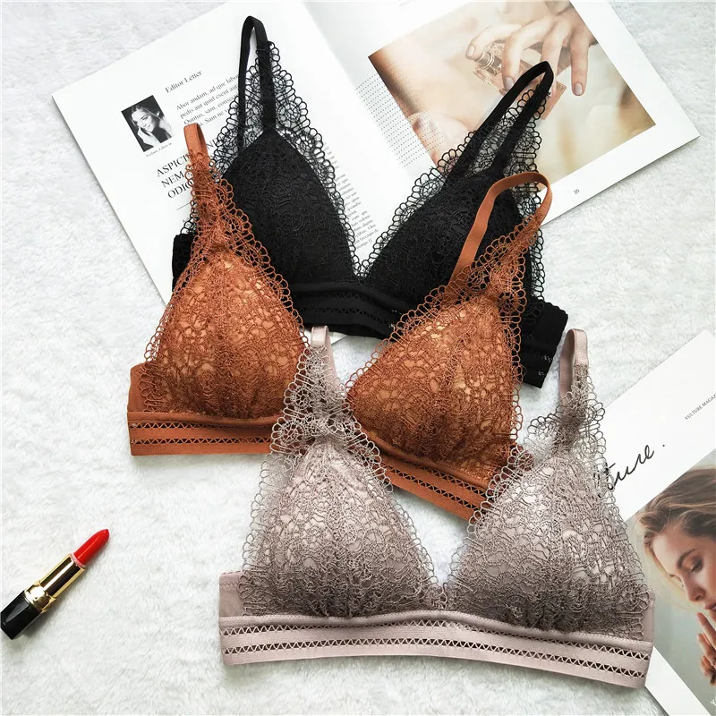 Women Thin Bras French Style Bralette Lace Wireless Triangle Cup Women Lingerie Soft Bra Seamless Underwear Deep V Lingerie