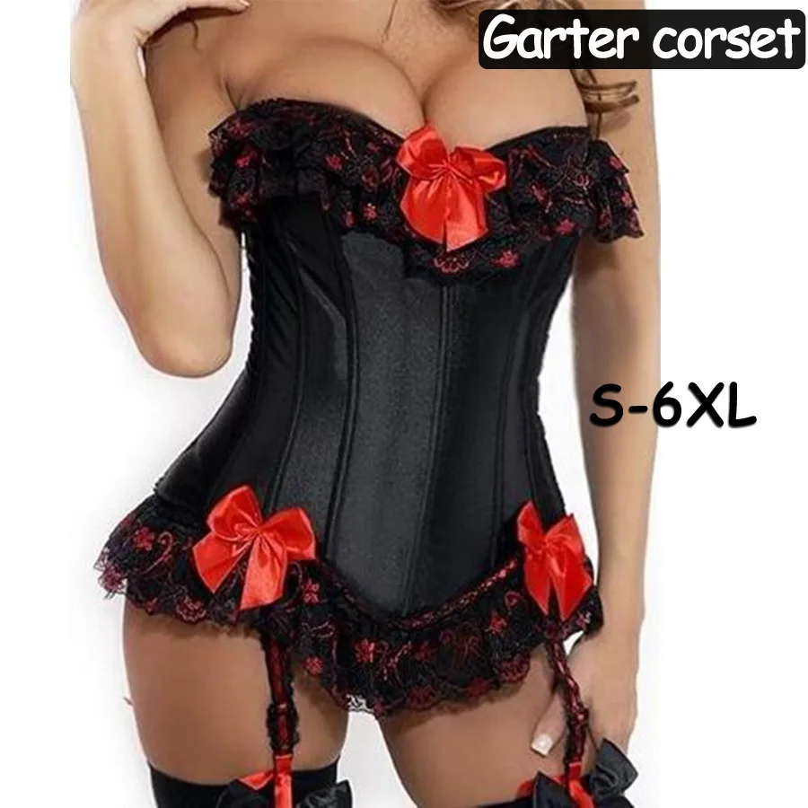 

Plus Size Overbust Garter Corset Bustier Steel Boned Big Bow Sexy Burlesque Basque Top Lace Up Size S-6XL Fetish Lingerie