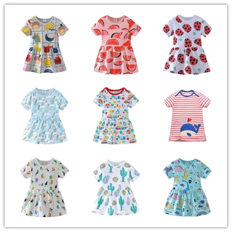 

Height 80-130CM Summer Age 2-7T Kids Girls Beach One Piece Dress Casual Cartoon Parrot: Watermelon Monster Whale Cactus Unicorn
