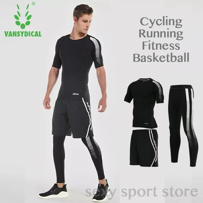 

vansydical Running Sports Suits Men's Compression Tights Sets Cycling Basketball Fitness Workout Gym Clothes Jogging Sportswear