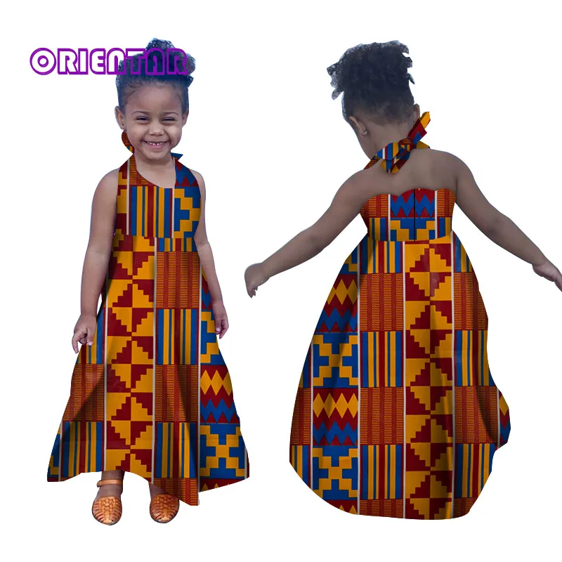 

Kids Girls African Dresses Fashion Sleeveless Round Neck Dress Traditional African Print Bazin Riche Kids Party Ball Gown WYT314
