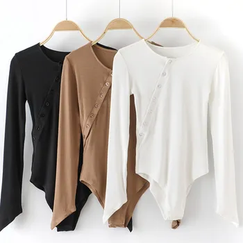 

2019 Women Oblique Button Ribbed Bodysuit Autumn O-Neck Long Sleeve Playsuits Sexy Skinny Jumpsuits