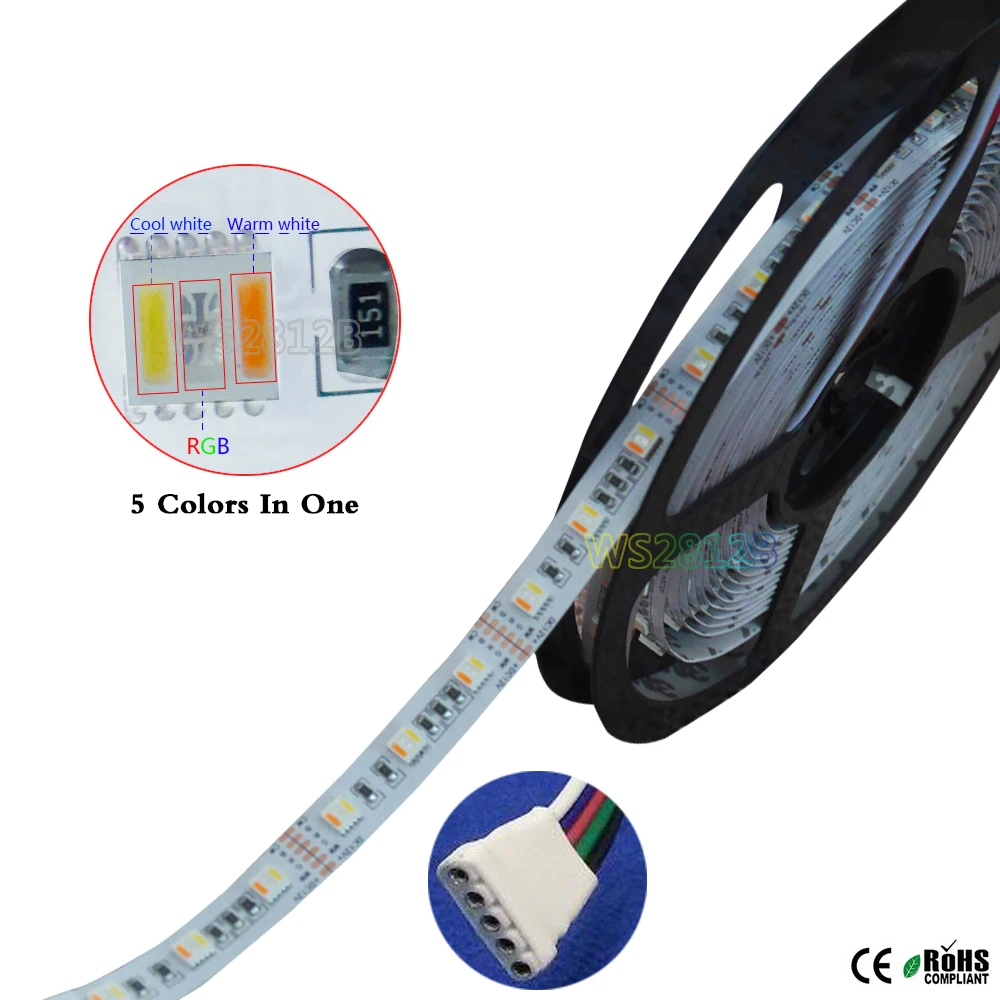 5 м DC12V/24 В RGBWW 5 цветов в 1 светодиодный чип Светодиодная лента, SMD 5050 Гибкий Светильник RGB+ холодный белый и теплый белый, 60 светодиодный s/M IP30/67