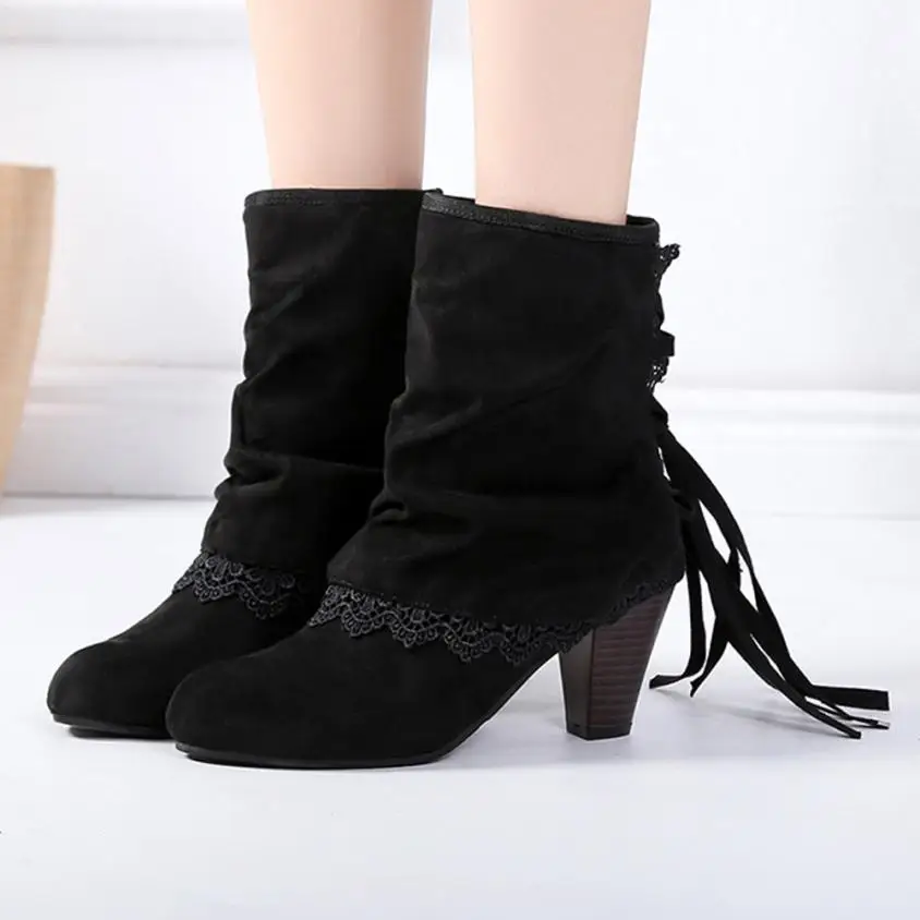 

2018 Autumn Women Boots Fashion Solid Women Casual Shoes Solid High Heels Lace Ankle Boots Lace Up Ladies Short Boots