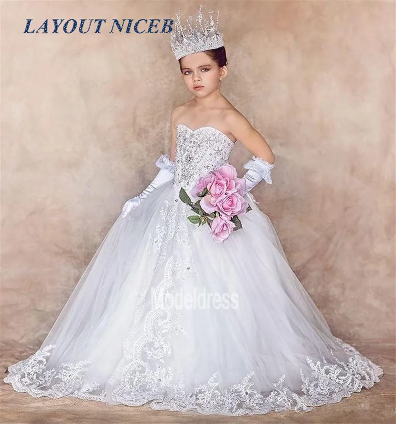2017 New Luxury Flower Girls Dresses for Weddings Sweetheart Appliques Crystal Real Photos First Communion Dress Girls Pageant Party Gowns