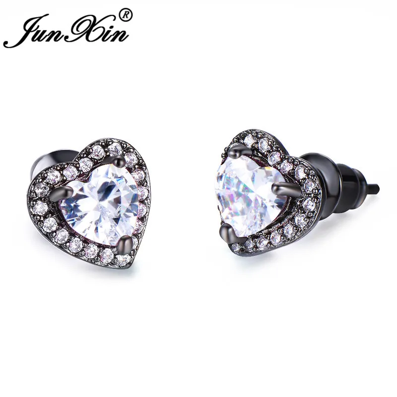 

JUNXIN Purple/Red/White Heart Stud Earrings For Women Black Gold Filled Anti-Allergy AAA Zircon Birthstone Double Earrings Gifts