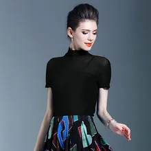 Женские модные новые плиссированные Женские повседневные однотонные пуловеры с короткими рукавами и высоким воротником, эластичные футболки свободного размера, топы, одежда