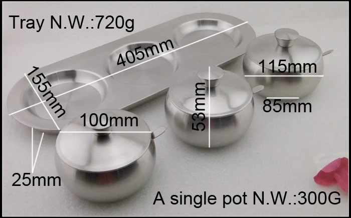 18-10из нержавеющей стали приправы сервер горшки крем в баночке сахарница Dip чаши набор из 3 с крышками ложки и лоток