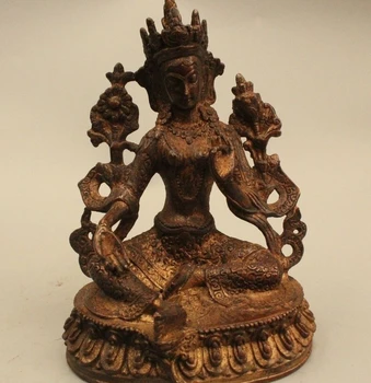 

8"Chinese Buddhism Folk Purple Bronze Lucky Green Tara Kwan-Yin Buddha Statue