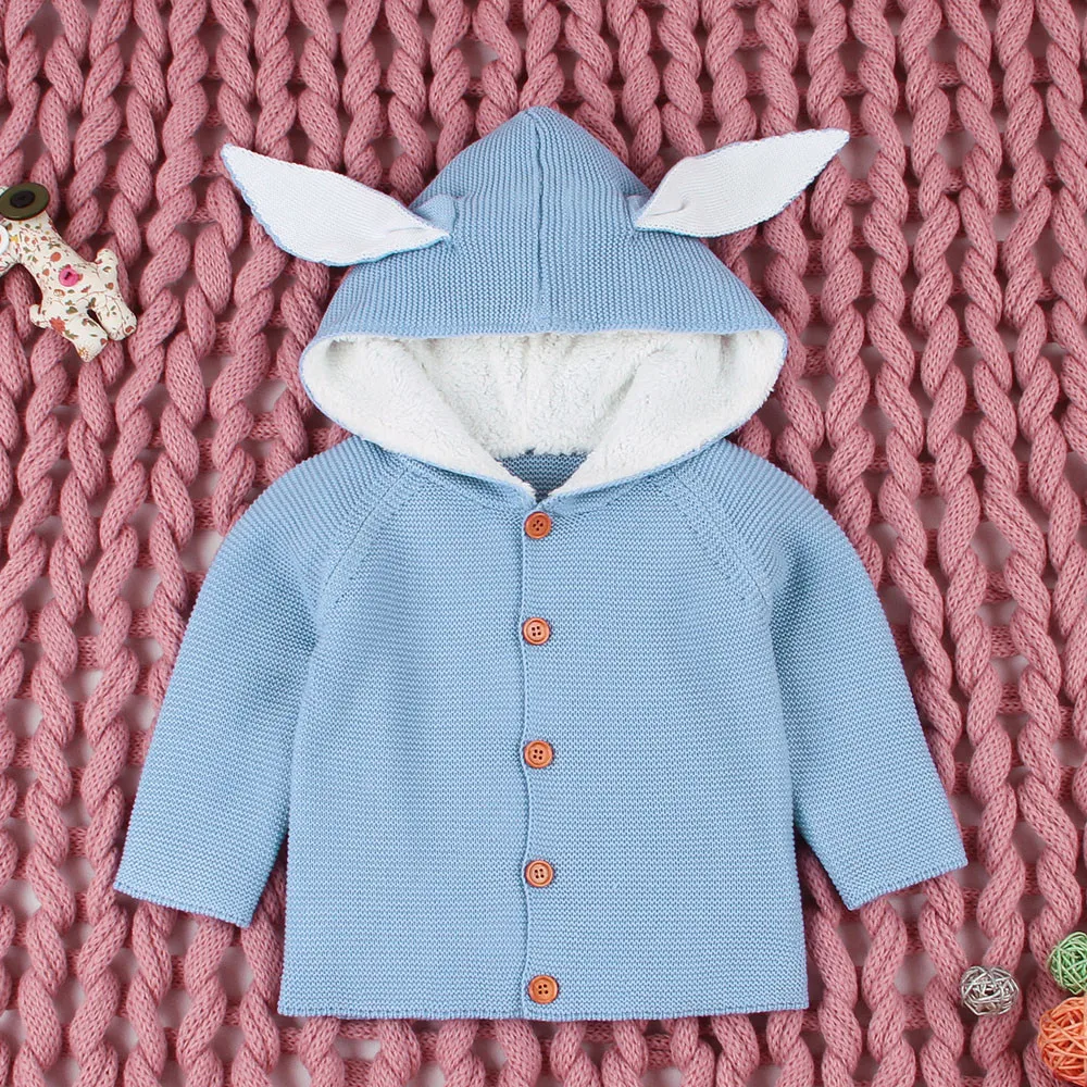 Одежда для маленьких девочек осеннее вязаное пальто с капюшоном и ушками для малышей Кардиган для новорожденных девочек свитер для мальчиков детская куртка для девочек# T1