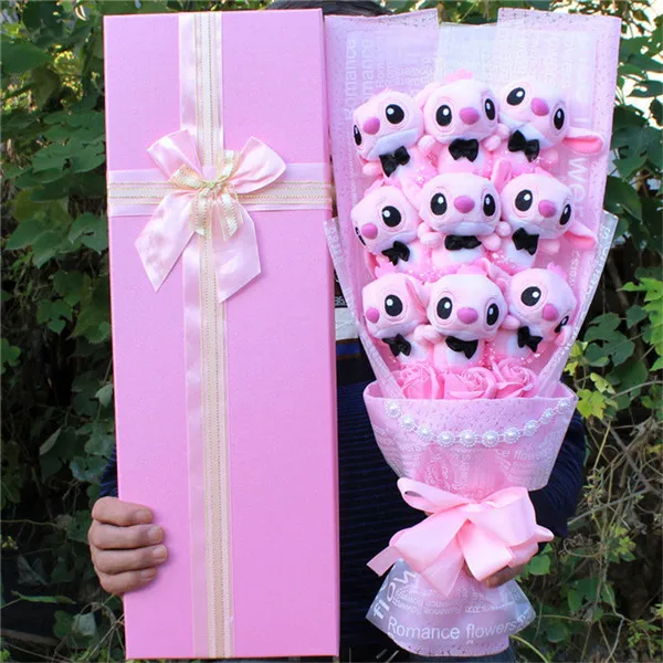 Kawaii Ститч плюшевые куклы игрушки букет мягкая игрушка искусственный цветок для детей день рождения подарок на день Святого Валентина без коробки - Цвет: no retail box