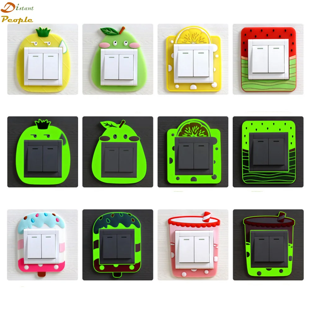 

Cute Cartoon 3D Animal Fruit Car Fluorescent Wall Silicone On-off Switch Stickers Kids Luminous Light Switch Outlet Wall Sticker
