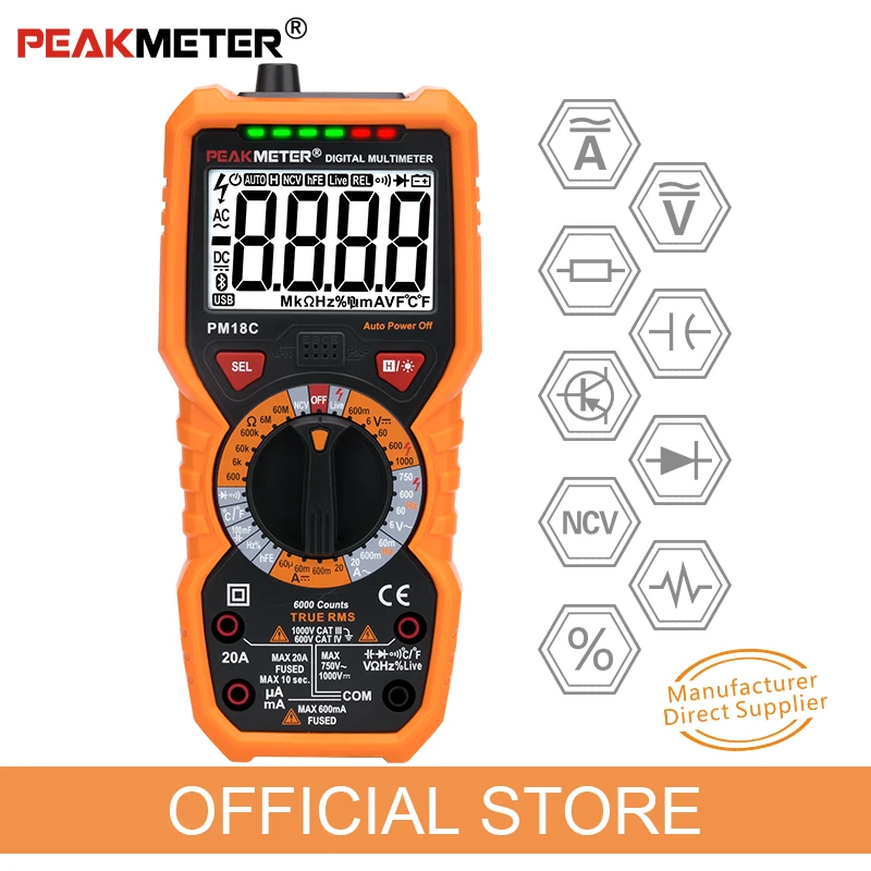 online Oficial PEAKMETER PM18C com RMS Verdadeiro Multímetro Digital AC DC Tensão Resistência Capacitância Frequência Temperatura NCV Tester