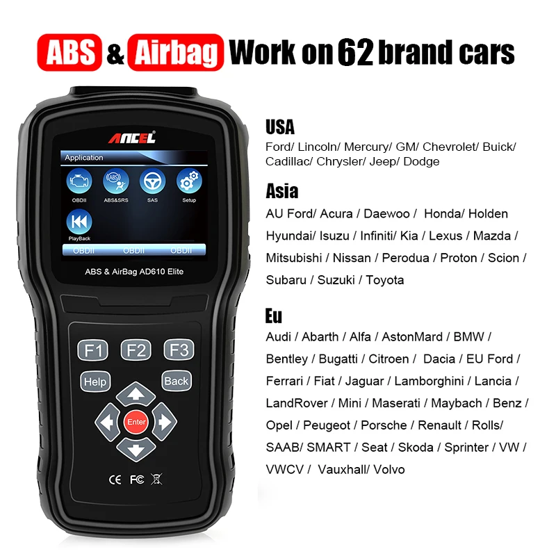 Ancel AD610 Pro OBD2 Car Diagnostics OBD 2 Scanner Erase Airbag Crash Data ABS SAS Full Engine Auto Scanner Works for 68 Cars