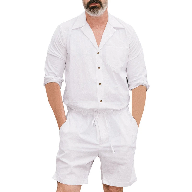 Супер тонкий мужской короткий слитный комбинезон спортивные костюмы мужские шорты с короткими рукавами комбинезоны мужские повседневные брюки карго костюм пляжного типа - Цвет: Белый
