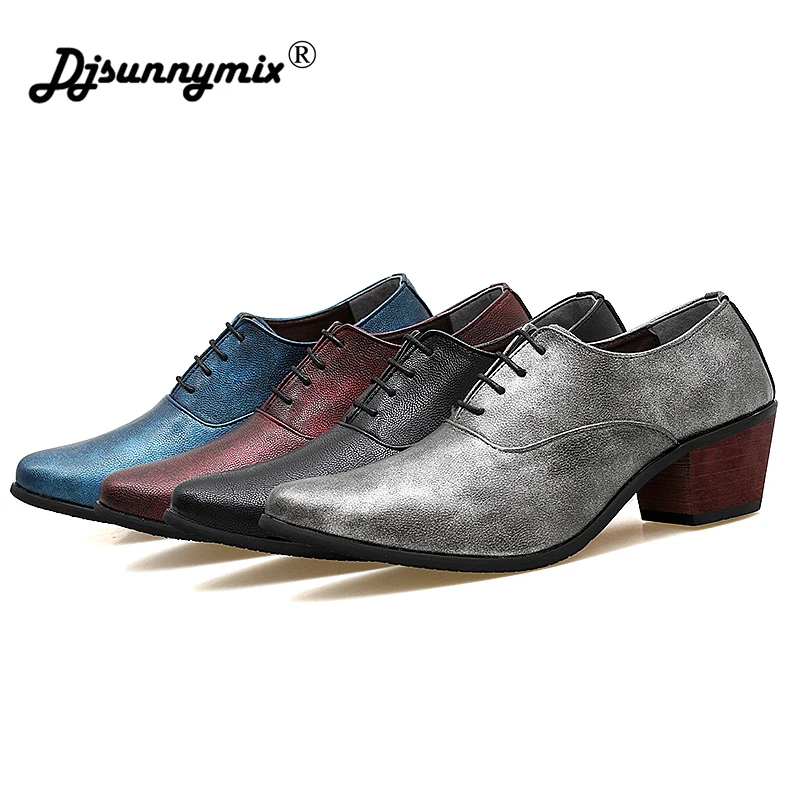 

DJSUNNYMIX Italian Pointed Toe Derby Man Wedding Footwear Alligator Microfiber Leather High Heels Men's Formal Dress Shoes