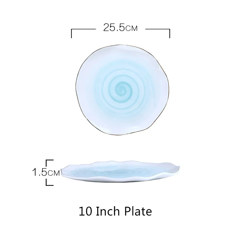 Nordic Color Changing Ceramic Plate Golden Edge Porcelain Dinner Plate Set Salad Bowl Steak Dessert Cake Tray Irregular Dishes - Цвет: 10 Inch Plate Blue