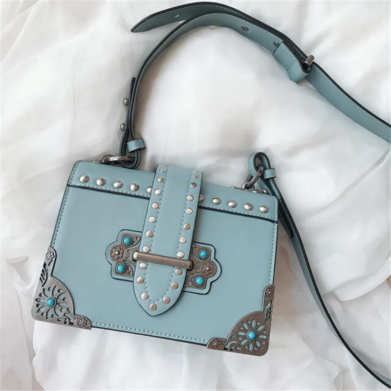 

Retro Flip Rivets Small Square Bag Female Shoulder Bag Small Shoulder Bag Leather Broad Shoulder Strap Organ Female Bag 2019 New