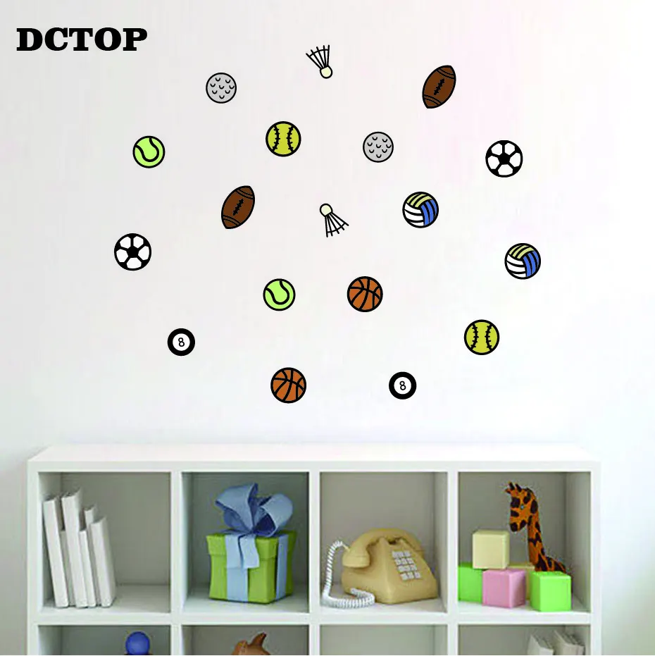 Creative Ball Sport Wall Stickers Cartoon Basketball Football Badminton DIY Vinyls Decals Home Decor for Kids Nursery Room Mural (5)