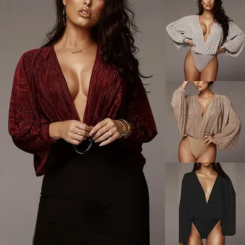 

Women's Sexy Deep V-Neck Long Sleeve Bodysuit Loose Pleated Leotard Bodysuit Tops FS99