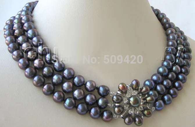 

FREE SHIPPING>>>@ hot Beautiful AAA+ 17-19"8-9mm natural black round freshwater pearl necklace - pearl new