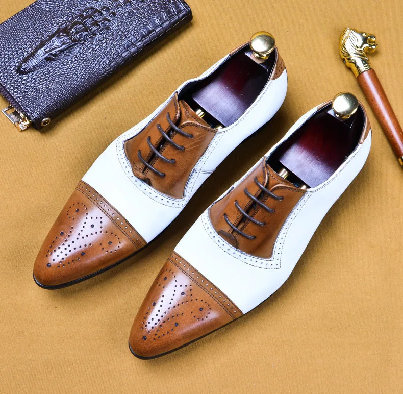 QYFCIOUFU Two-color Stitching Men's Oxford Dress Shoes 2019 Genuine Leather Male Shoe Lace-up Wedding Office Formal Brogue Shoes